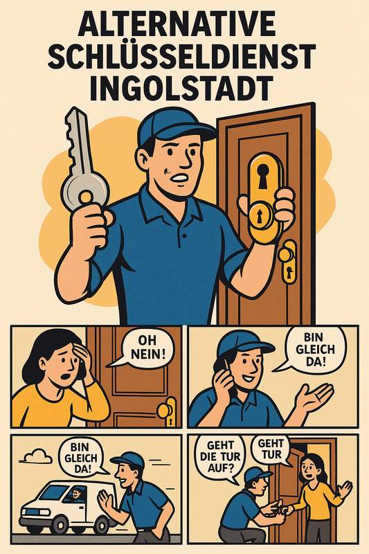 Schlüsseldienst Ingolstadt Comic: Humorvolle Notfall-Türöffnung in 3x2 Panels